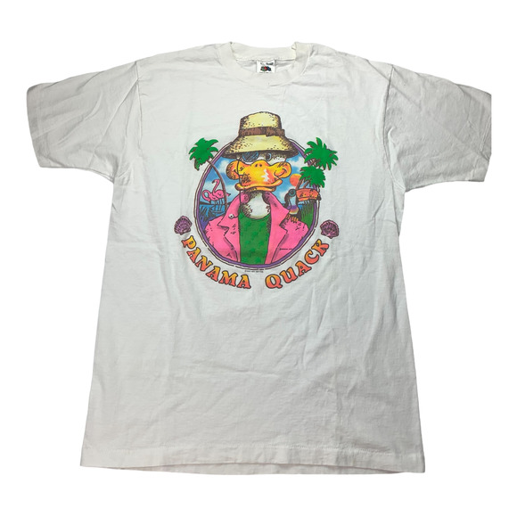 Vintage 1987 Large Panama Jack Quack Single Stitch White T-Shirt Neon Puff Print